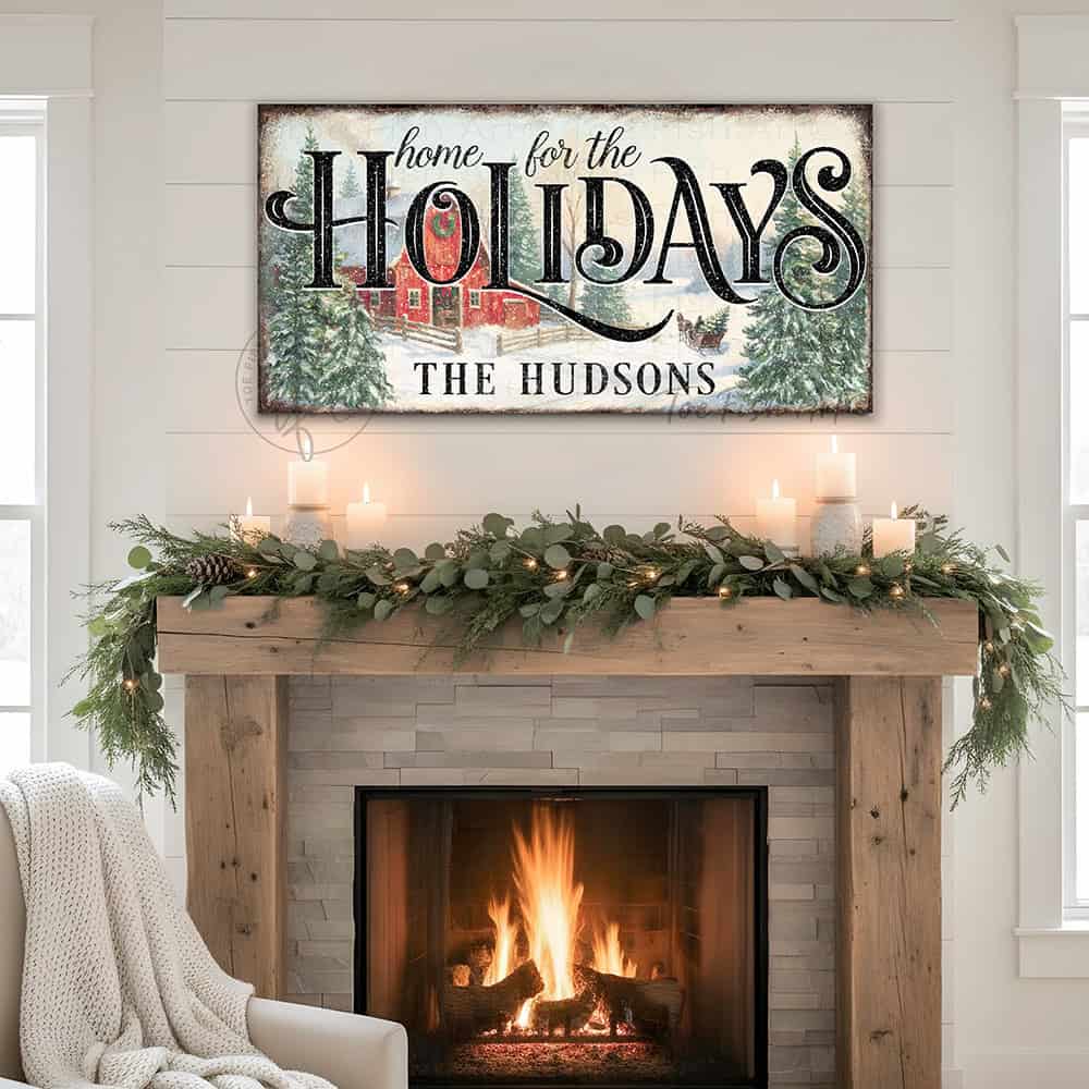 Toe Fish Art's Personalized Family Christmas Sign "Home for the Holidays" | Canvas or Outdoor Metal Print | Vintage farmhouse sign. — Toe Fish Art creates quality, artisan-made wall décor with authentic, American sourced materials. Proudly Made in the USA, each sign is expertly constructed with genuine craftsmanship, heritage quality, and rustic charm. Our premium, handcrafted pieces are built to last with durable materials. Custom, personalized, timeless designs for indoor and outdoor spaces.