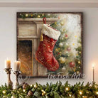 Toe Fish Art festive red Christmas stocking hanging by fireplace with decorated tree and golden lights, holiday wall art painting.