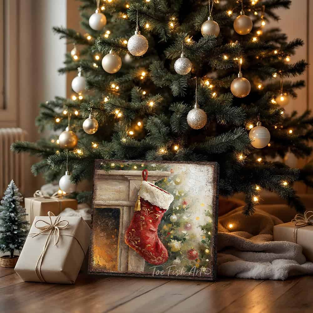 Toe Fish Art festive red Christmas stocking hanging by fireplace with decorated tree and golden lights, holiday wall art painting.