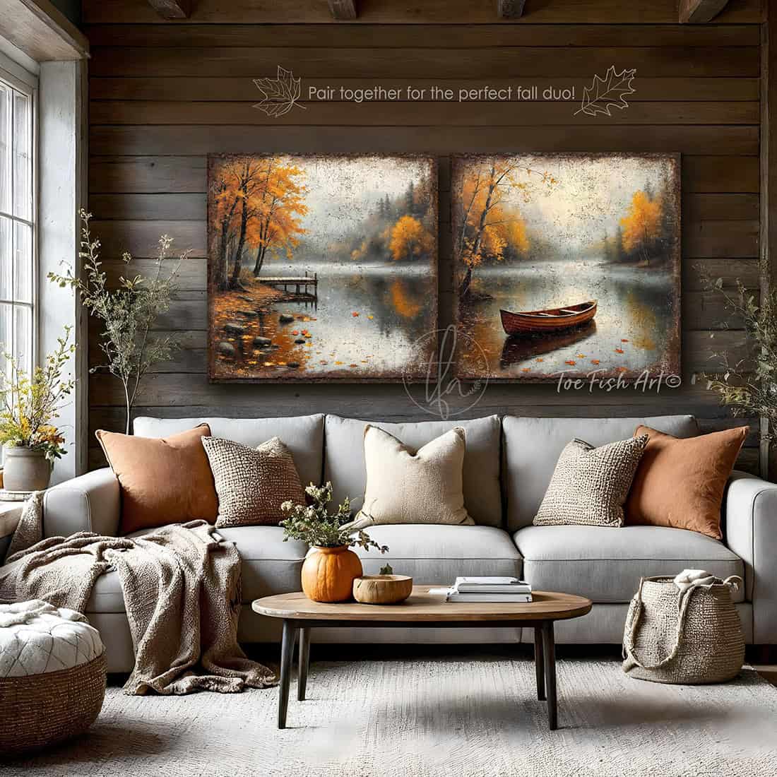 Toe Fish Art Rustic autumn wall art featuring a wooden canoe on a misty lake surrounded by golden fall trees and calm reflections.