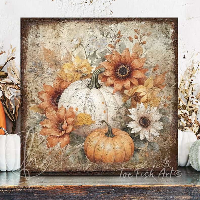 Toe Fish Art Rustic fall wall art featuring white and orange pumpkins with sunflowers and autumn leaves in a vintage farmhouse style.