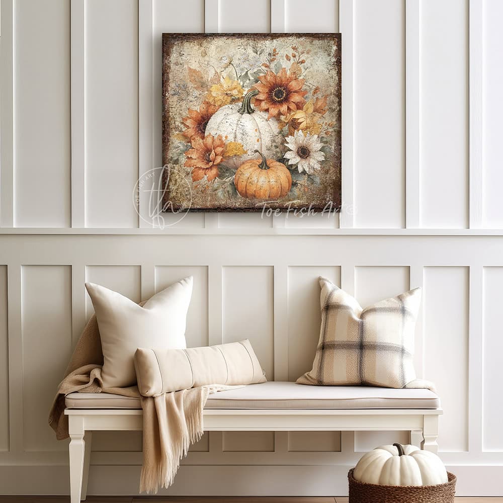 Toe Fish Art Rustic fall wall art featuring white and orange pumpkins with sunflowers and autumn leaves in a vintage farmhouse style.