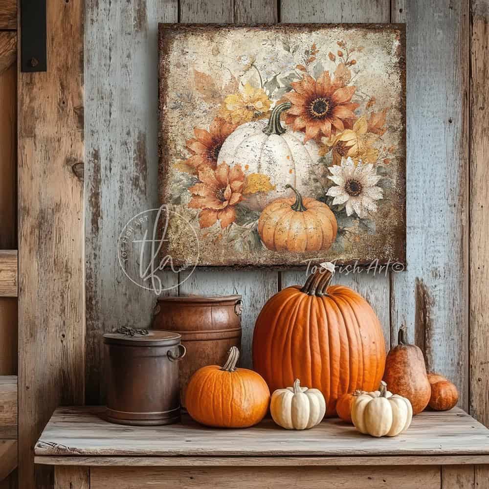Toe Fish Art Rustic fall wall art featuring white and orange pumpkins with sunflowers and autumn leaves in a vintage farmhouse style.