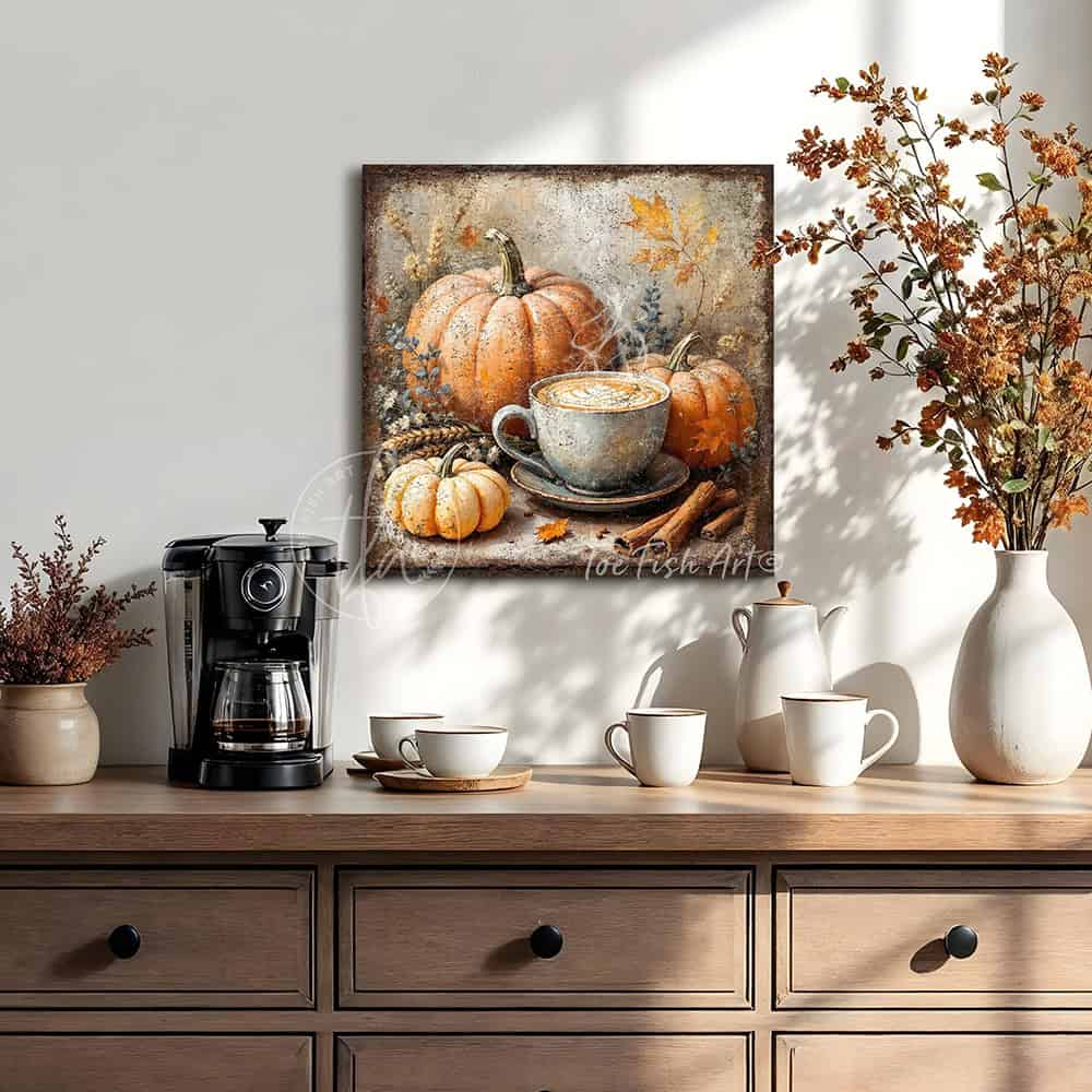 Toe Fish Art rustic wall art featuring a steaming pumpkin spice latte surrounded by pumpkins, cinnamon sticks, and autumn leaves.