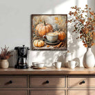 Toe Fish Art rustic wall art featuring a steaming pumpkin spice latte surrounded by pumpkins, cinnamon sticks, and autumn leaves.