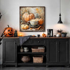 Toe Fish Art rustic wall art featuring a steaming pumpkin spice latte surrounded by pumpkins, cinnamon sticks, and autumn leaves.