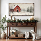 Toe Fish Art Vintage red barn in snowy winter landscape with pine trees and falling snow, rustic farmhouse wall art decor.
