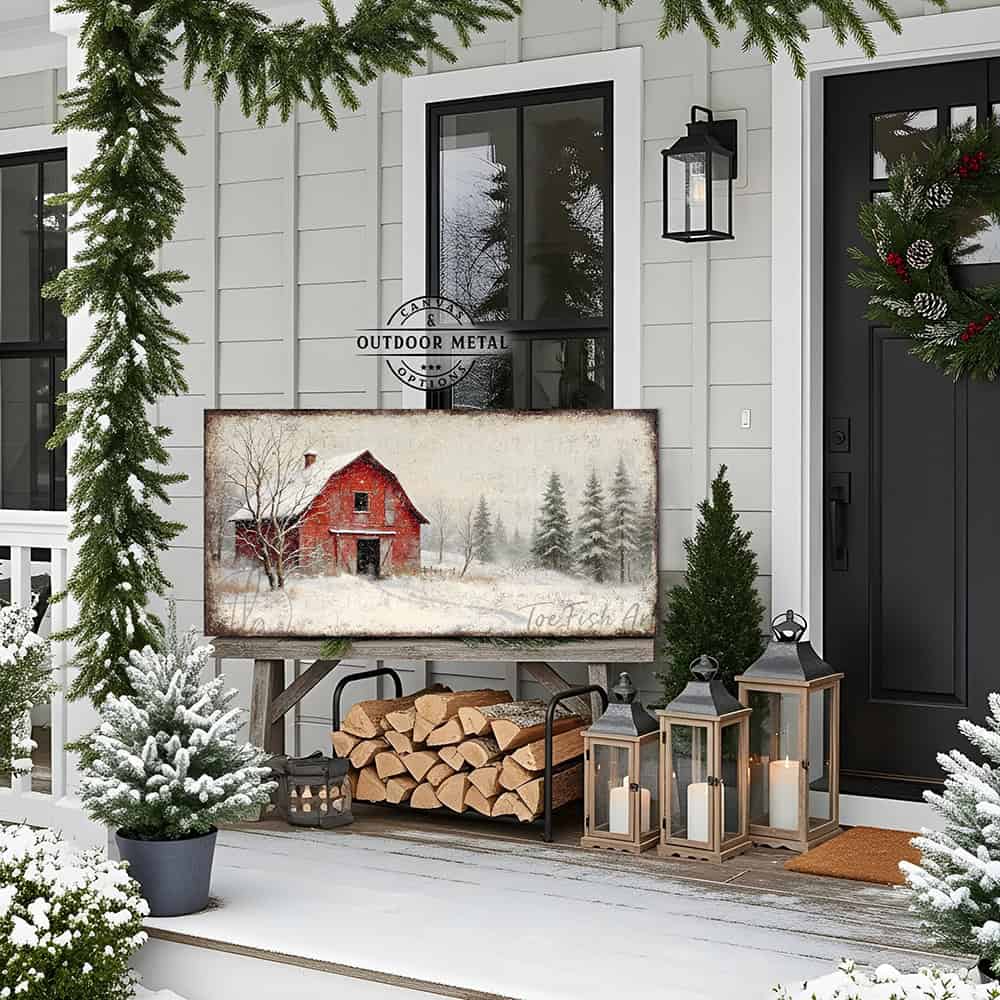 Toe Fish Art Vintage red barn in snowy winter landscape with pine trees and falling snow, rustic farmhouse wall art decor.