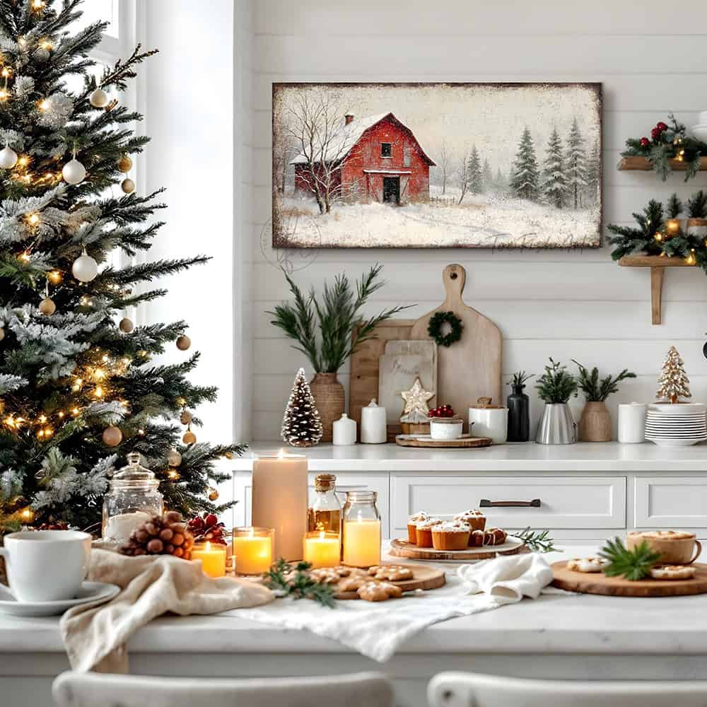Toe Fish Art Vintage red barn in snowy winter landscape with pine trees and falling snow, rustic farmhouse wall art decor.