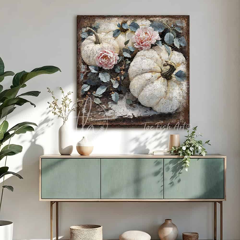 Toe Fish Art Rustic wall art featuring white pumpkins with pink peonies and blue leaves, vintage farmhouse fall floral decor.