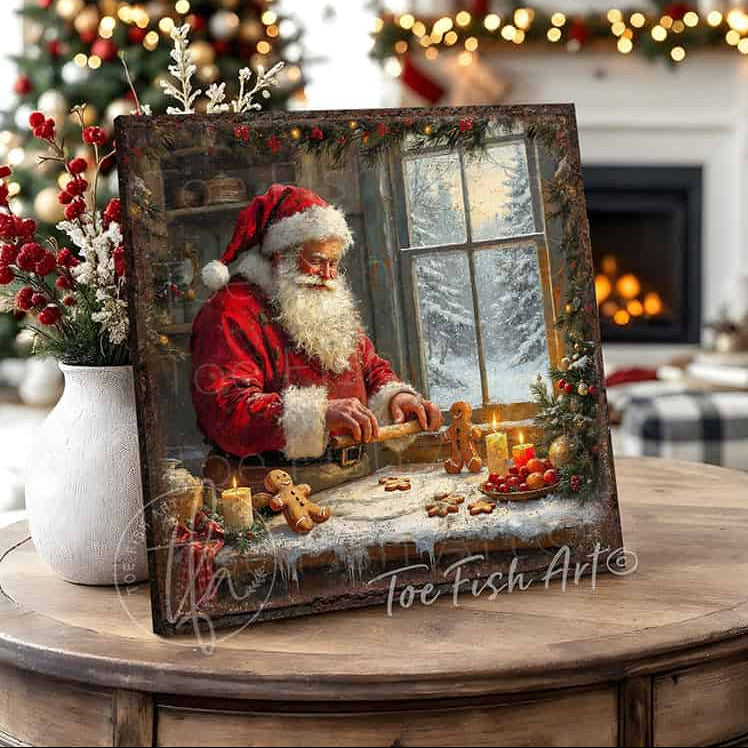 Toe Fish Art Santa Claus baking gingerbread cookies in a cozy kitchen with candles, snow outside the window, and festive Christmas décor.