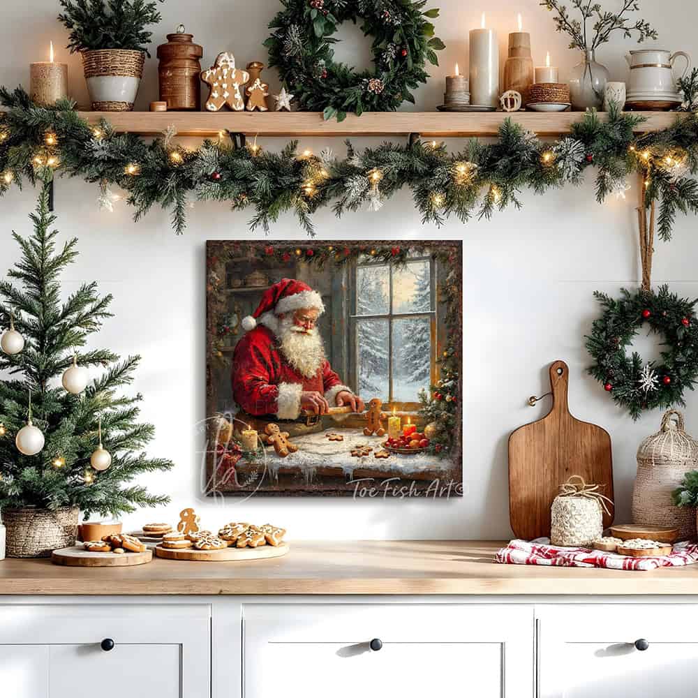 Toe Fish Art Santa Claus baking gingerbread cookies in a cozy kitchen with candles, snow outside the window, and festive Christmas décor.