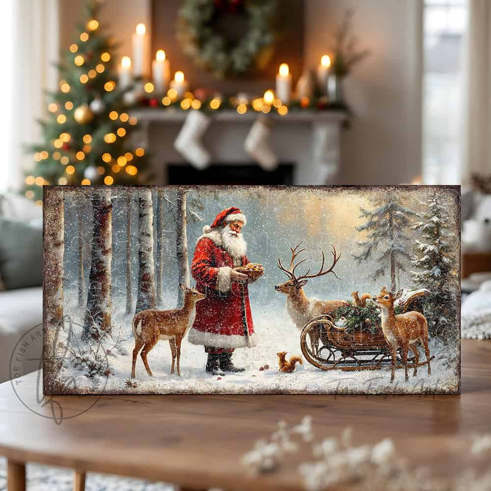 Toe Fish Art Santa Claus feeding reindeer in a snowy forest with sleigh and woodland animals, rustic Christmas wall art scene.