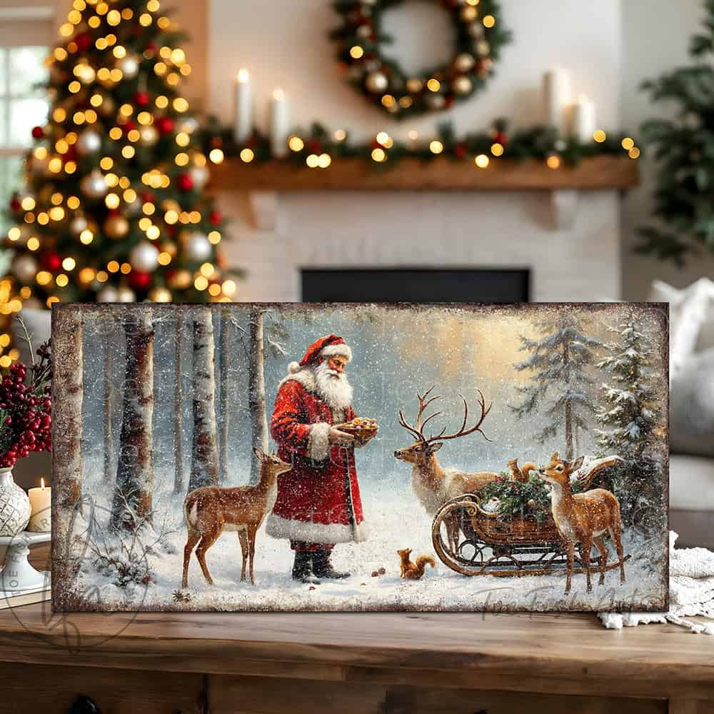 Toe Fish Art Santa Claus feeding reindeer in a snowy forest with sleigh and woodland animals, rustic Christmas wall art scene.