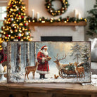 Toe Fish Art Santa Claus feeding reindeer in a snowy forest with sleigh and woodland animals, rustic Christmas wall art scene.