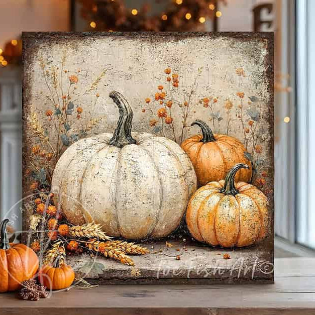 Toe Fish Art rustic fall wall art featuring orange and white pumpkins with dried florals and wheat for cozy farmhouse autumn decor.