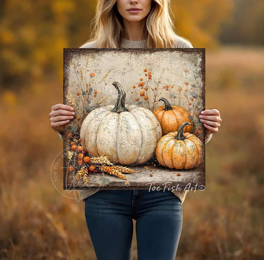 Toe Fish Art rustic fall wall art featuring orange and white pumpkins with dried florals and wheat for cozy farmhouse autumn decor.