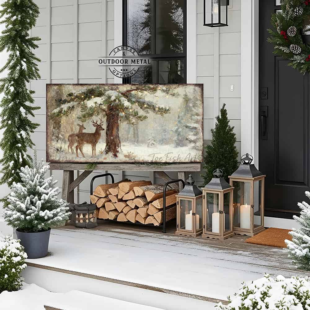 Make a bold statement with Toe Fish Art's striking vintage Christmas deer wall art.—A majestic buck and doe beneath a luminous Christmas tree in a dramatic winter forest landscape.—Toe Fish Art makes authentic wall art with American sourced materials. Proudly made in the USA, each sign is constructed with genuine craftsmanship, heritage quality, and rustic charm. Our premium, handcrafted pieces are built to last. Discover American made wall art at toefishart.com—crafted to inspire, made to endure.