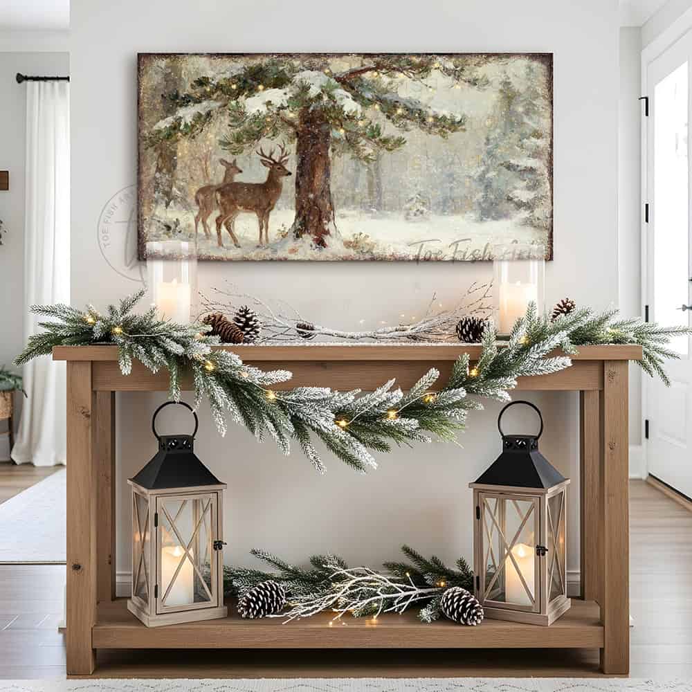 Make a bold statement with Toe Fish Art's striking vintage Christmas deer wall art.—A majestic buck and doe beneath a luminous Christmas tree in a dramatic winter forest landscape.—Toe Fish Art makes authentic wall art with American sourced materials. Proudly made in the USA, each sign is constructed with genuine craftsmanship, heritage quality, and rustic charm. Our premium, handcrafted pieces are built to last. Discover American made wall art at toefishart.com—crafted to inspire, made to endure.