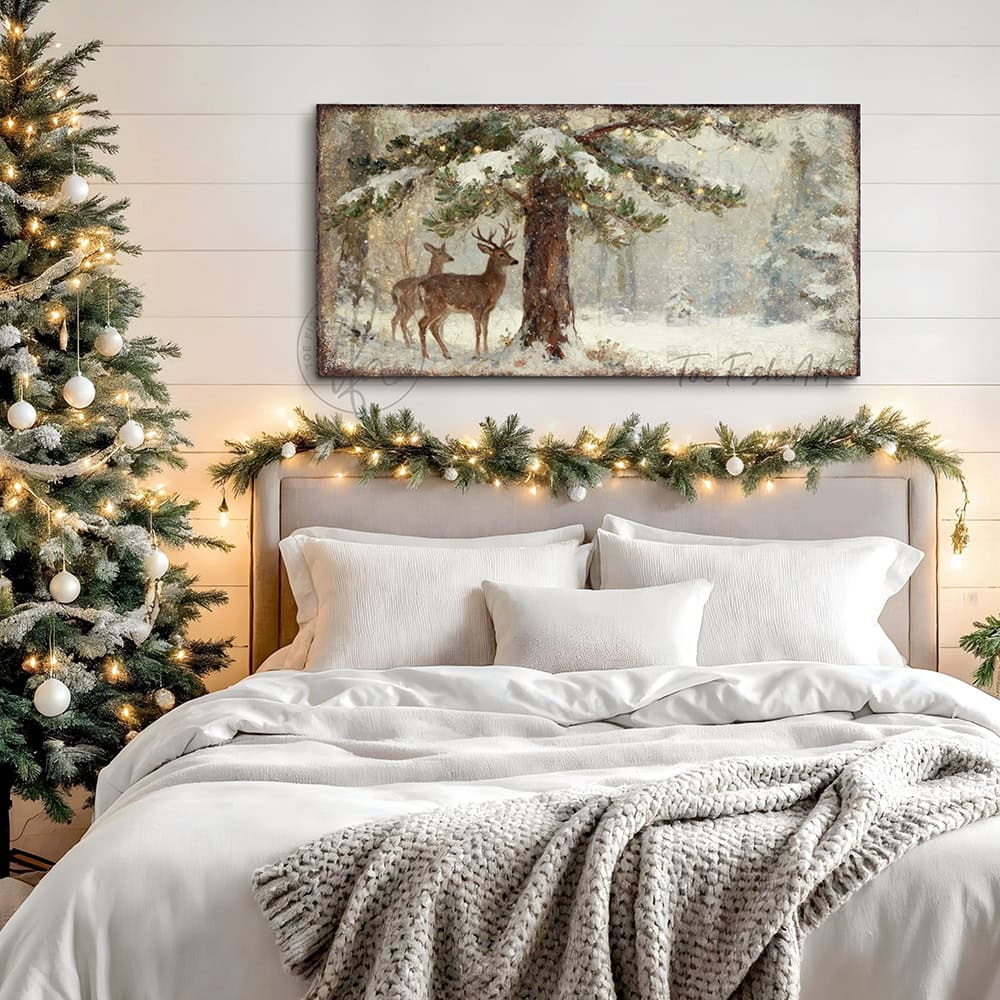 Make a bold statement with Toe Fish Art's striking vintage Christmas deer wall art.—A majestic buck and doe beneath a luminous Christmas tree in a dramatic winter forest landscape.—Toe Fish Art makes authentic wall art with American sourced materials. Proudly made in the USA, each sign is constructed with genuine craftsmanship, heritage quality, and rustic charm. Our premium, handcrafted pieces are built to last. Discover American made wall art at toefishart.com—crafted to inspire, made to endure.
