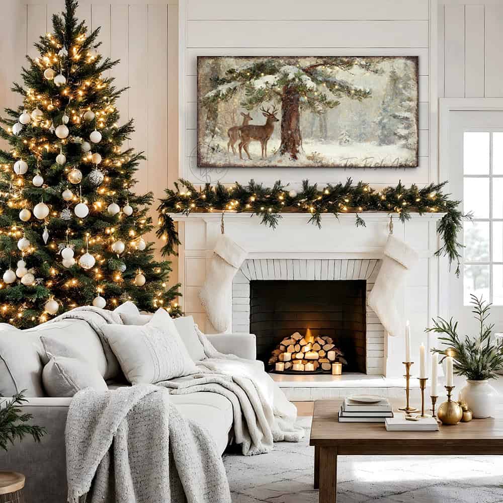 Make a bold statement with Toe Fish Art's striking vintage Christmas deer wall art.—A majestic buck and doe beneath a luminous Christmas tree in a dramatic winter forest landscape.—Toe Fish Art makes authentic wall art with American sourced materials. Proudly made in the USA, each sign is constructed with genuine craftsmanship, heritage quality, and rustic charm. Our premium, handcrafted pieces are built to last. Discover American made wall art at toefishart.com—crafted to inspire, made to endure.