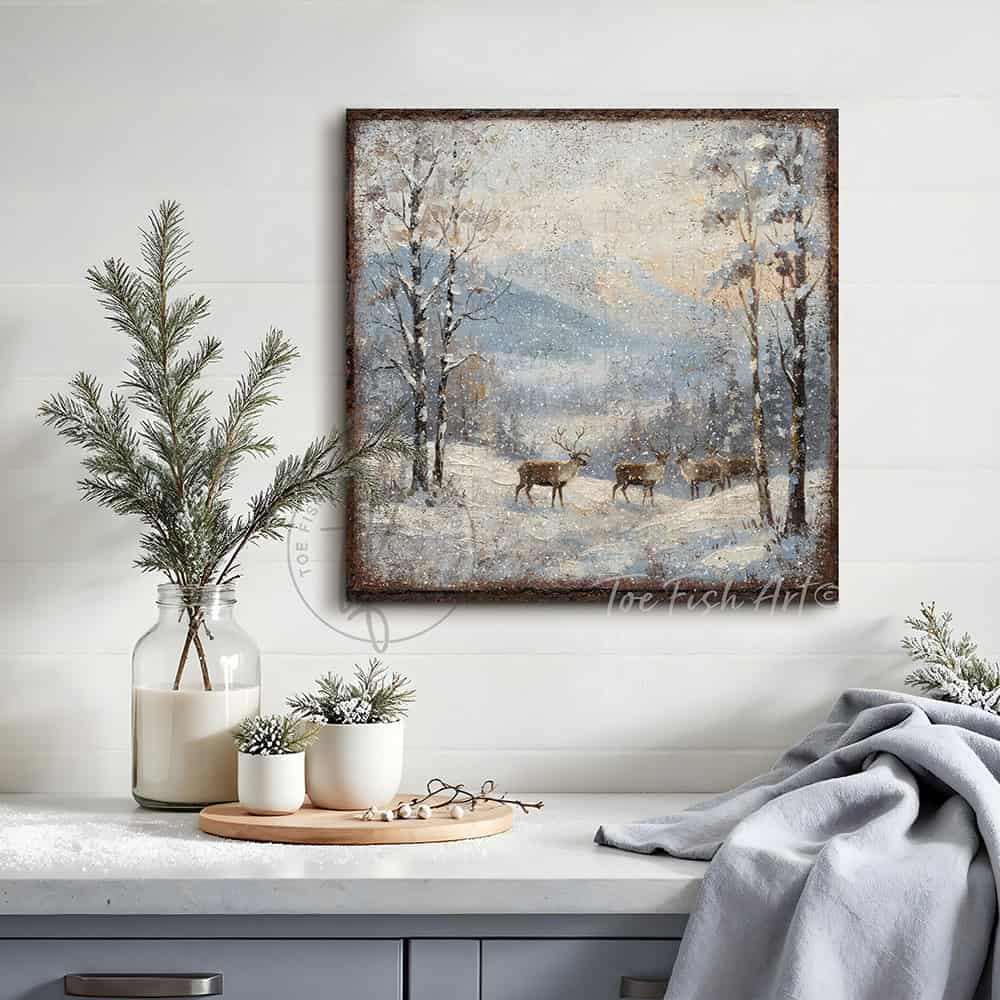 This isn't your grandmother's reindeer print—it's a bold statement piece by Toe Fish Art that blends cozy cottage cabin aesthetics with contemporary style in this striking canvas wall art.—Toe Fish Art makes authentic wall art with American sourced materials. Proudly made in the USA, each sign is constructed with genuine craftsmanship, heritage quality, and rustic charm. Our premium, handcrafted pieces are built to last. Discover American made wall art at toefishart.com—crafted to inspire, made to endure.