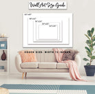 Toe Fish Art wall art size guide for signs in sizes: 24"x16", 30"x20", 36"x24", 48"x32", 60"x40".