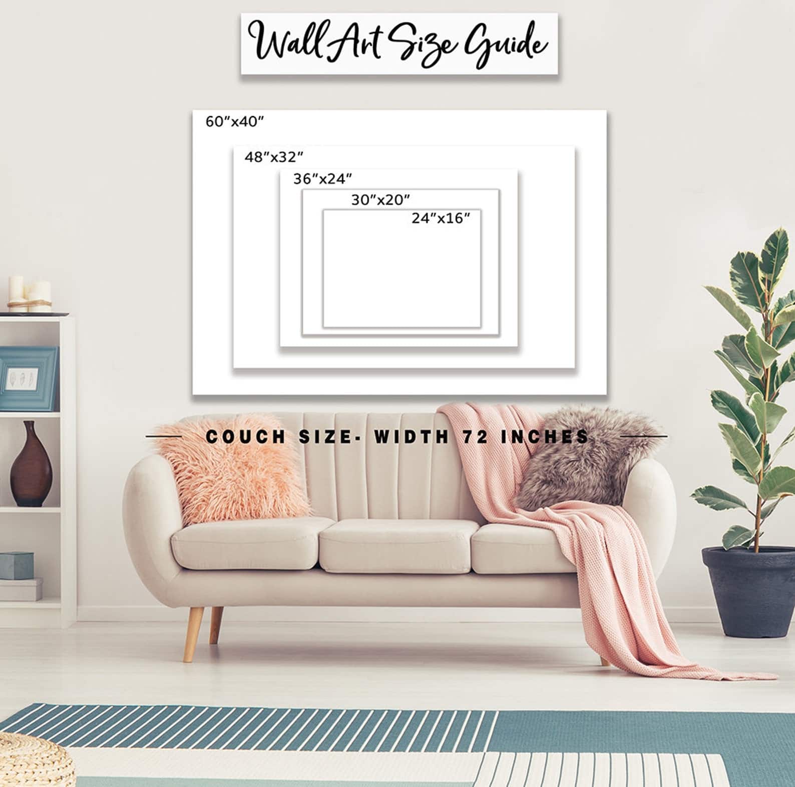 Toe Fish Art wall art size guide for signs in sizes: 24"x16", 30"x20", 36"x24", 48"x32", 60"x40".