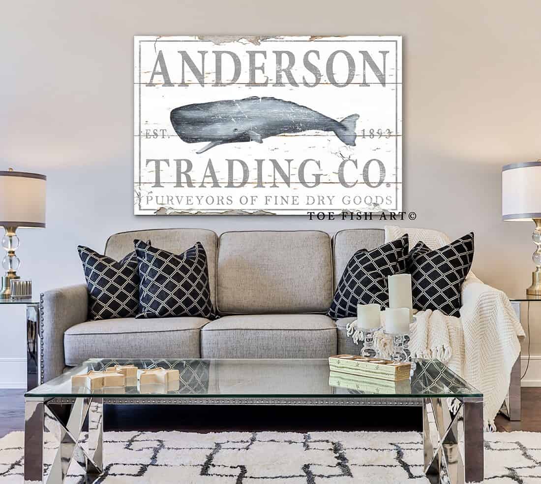 Trading Co. Sign handmade by ToeFishArt. Original, custom, personalized wall decor signs. Canvas, Wood or Metal. Rustic modern farmhouse, cottagecore, vintage, retro, industrial, Americana, primitive, country, coastal, minimalist.
