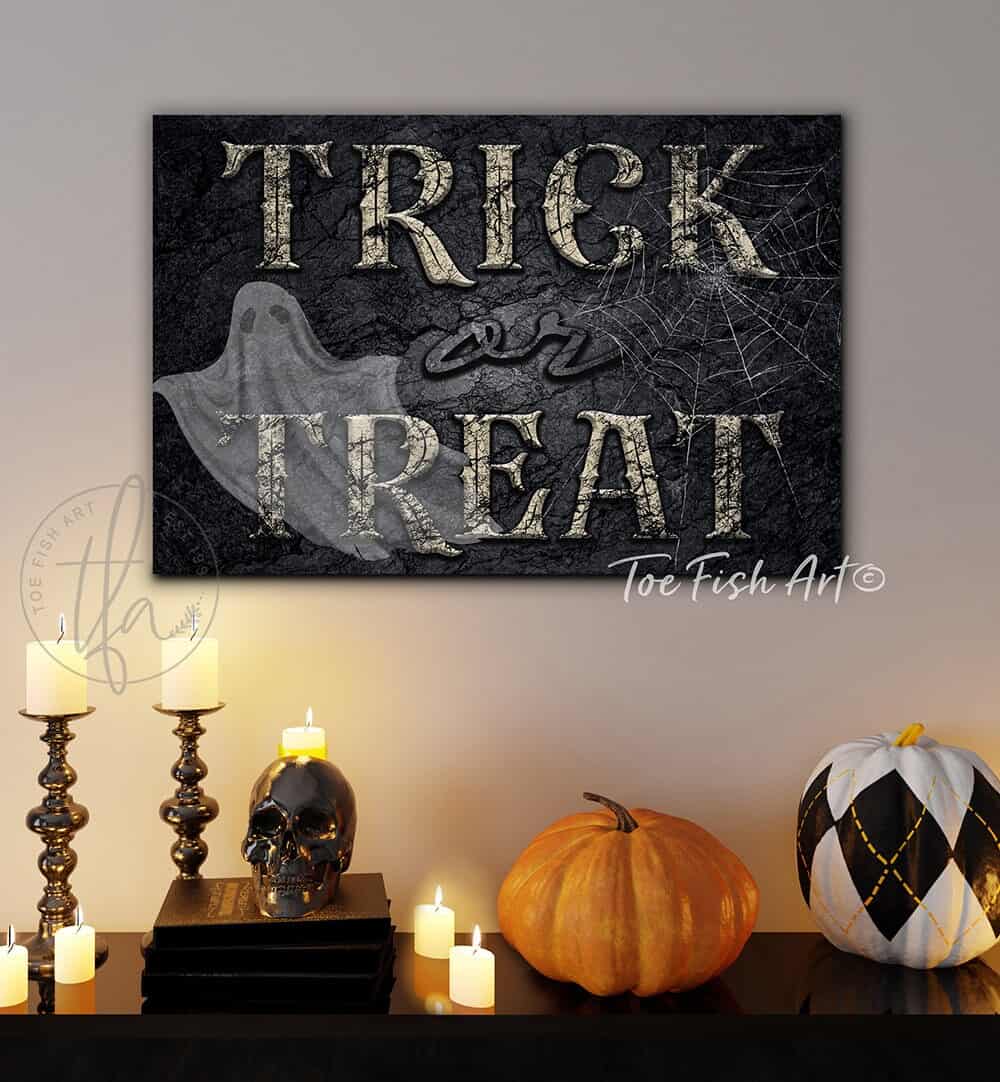 Trick or Treat Ghost Sign handmade by ToeFishArt. Trick or Treat Ghost Sign handcrafted in the USA in Indoor Canvas or Outdoor Metal for the ultimate Halloween Home Decor. Original, custom, personalized wall decor signs. Canvas, Wood or Metal. Rustic modern farmhouse, cottagecore, vintage, retro, industrial, Americana, primitive, country, coastal, minimalist.