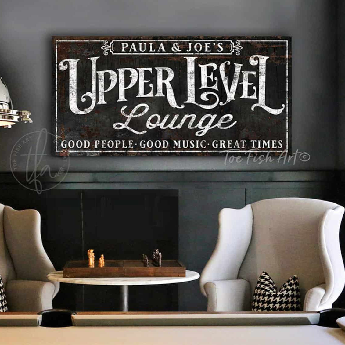 Upper Level Lounge Personalized Name Sign with Custom Wording Options, Industrial Retro Wall Decor for Loft, Studio, Apartment, Mancave Bar handmade by ToeFishArt. Original, custom, personalized wall decor signs. Canvas, Wood or Metal. Rustic modern farmhouse, cottagecore, vintage, retro, industrial, Americana, primitive, country, coastal, minimalist.
