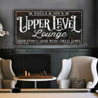 Upper Level Lounge Personalized Name Sign with Custom Wording Options, Industrial Retro Wall Decor for Loft, Studio, Apartment, Mancave Bar handmade by ToeFishArt. Original, custom, personalized wall decor signs. Canvas, Wood or Metal. Rustic modern farmhouse, cottagecore, vintage, retro, industrial, Americana, primitive, country, coastal, minimalist.