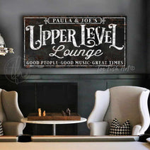 Upper Level Lounge Personalized Name Sign with Custom Wording Options, Industrial Retro Wall Decor for Loft, Studio, Apartment, Mancave Bar handmade by ToeFishArt. Original, custom, personalized wall decor signs. Canvas, Wood or Metal. Rustic modern farmhouse, cottagecore, vintage, retro, industrial, Americana, primitive, country, coastal, minimalist.