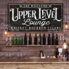 Upper Level Lounge Personalized Name Sign with Custom Wording Options, Industrial Retro Wall Decor for Loft, Studio, Apartment, Mancave Bar handmade by ToeFishArt. Original, custom, personalized wall decor signs. Canvas, Wood or Metal. Rustic modern farmhouse, cottagecore, vintage, retro, industrial, Americana, primitive, country, coastal, minimalist.
