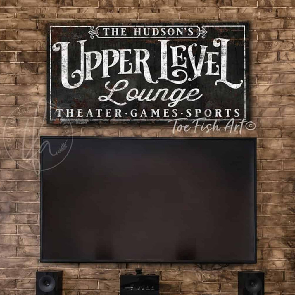Upper Level Lounge Personalized Name Sign with Custom Wording Options, Industrial Retro Wall Decor for Loft, Studio, Apartment, Mancave Bar handmade by ToeFishArt. Original, custom, personalized wall decor signs. Canvas, Wood or Metal. Rustic modern farmhouse, cottagecore, vintage, retro, industrial, Americana, primitive, country, coastal, minimalist.