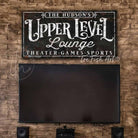 Upper Level Lounge Personalized Name Sign with Custom Wording Options, Industrial Retro Wall Decor for Loft, Studio, Apartment, Mancave Bar handmade by ToeFishArt. Original, custom, personalized wall decor signs. Canvas, Wood or Metal. Rustic modern farmhouse, cottagecore, vintage, retro, industrial, Americana, primitive, country, coastal, minimalist.