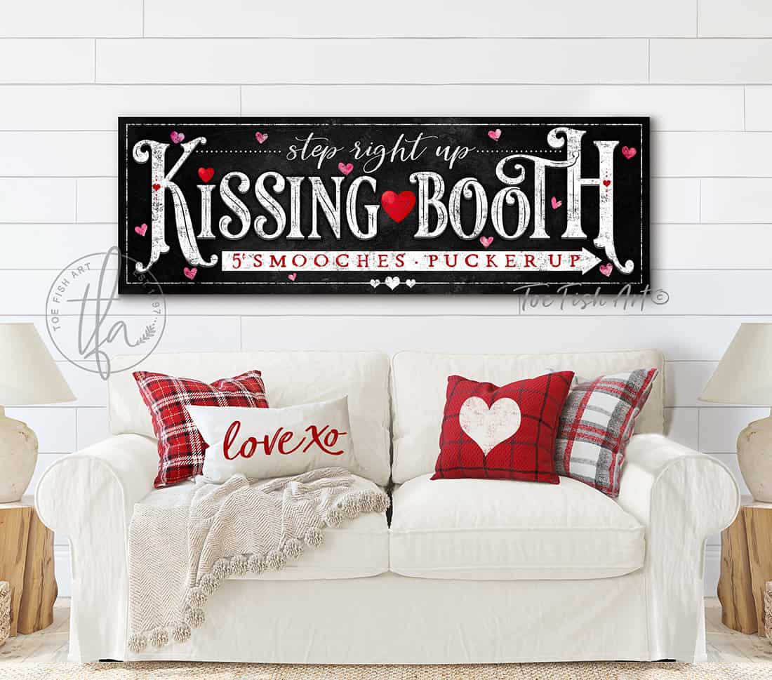 Valentine's Day Decoration Kissing Booth Sign Wall Art, Black & White Decor, Candy Hearts, Couples Love Gift handmade by ToeFishArt. Original, custom, personalized wall decor signs. Canvas, Wood or Metal. Rustic modern farmhouse, cottagecore, vintage, retro, industrial, Americana, primitive, country, coastal, minimalist.