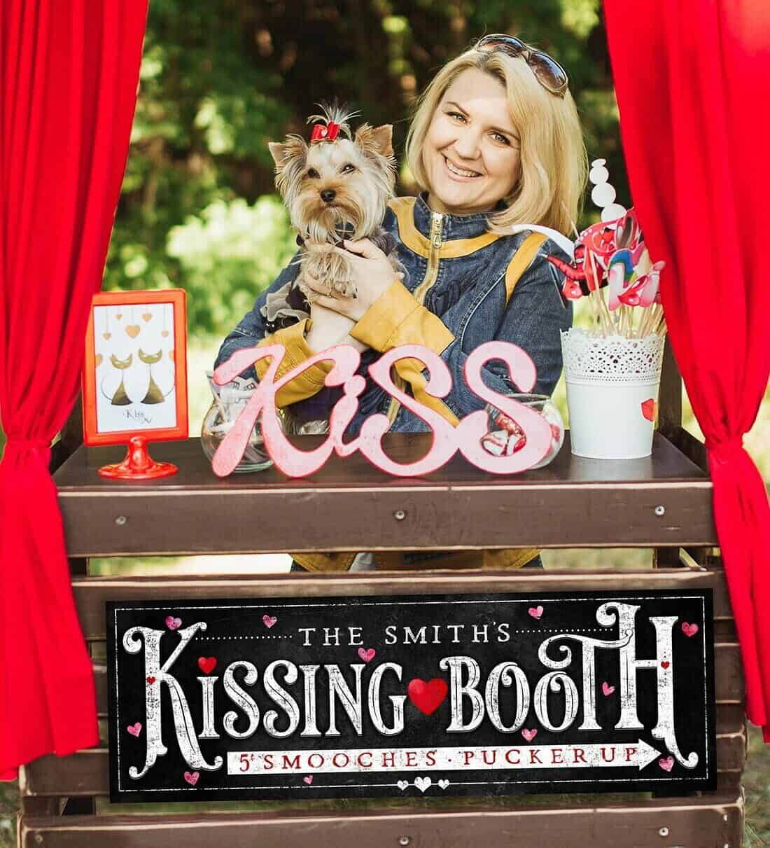 Valentine's Day Decoration Personalized Name Kissing Booth Sign Wall Art, Black & White Decor, Candy Hearts, Couples Be Mine Gift handmade by ToeFishArt. Original, custom, personalized wall decor signs. Canvas, Wood or Metal. Rustic modern farmhouse, cottagecore, vintage, retro, industrial, Americana, primitive, country, coastal, minimalist.