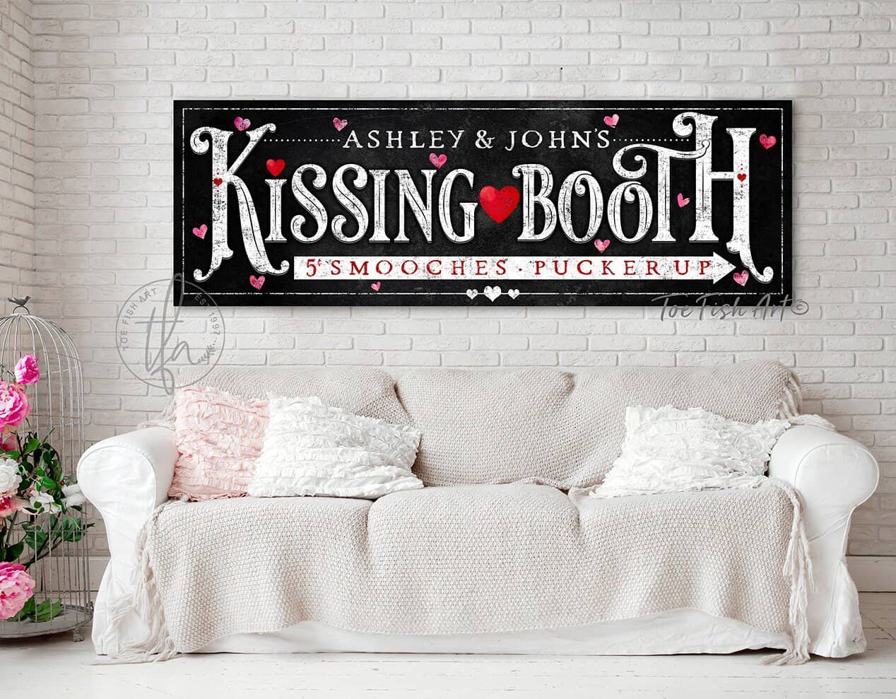 Valentine's Day Decoration Personalized Name Kissing Booth Sign Wall Art, Black & White Decor, Candy Hearts, Couples Be Mine Gift handmade by ToeFishArt. Original, custom, personalized wall decor signs. Canvas, Wood or Metal. Rustic modern farmhouse, cottagecore, vintage, retro, industrial, Americana, primitive, country, coastal, minimalist.
