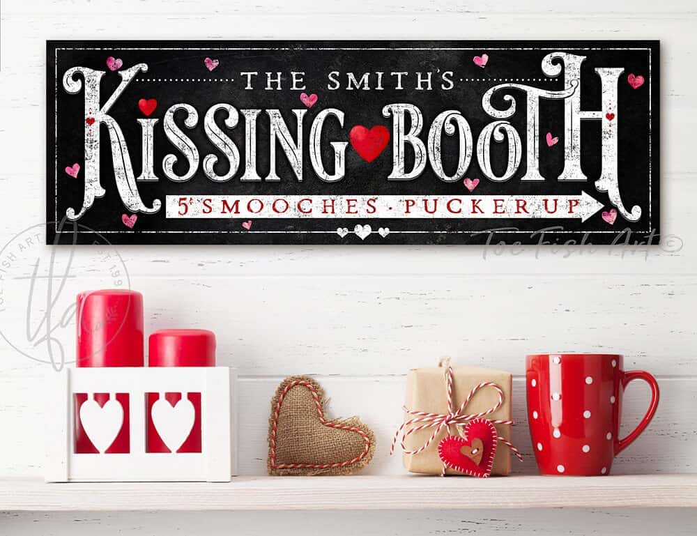 Valentine's Day Decoration Personalized Name Kissing Booth Sign Wall Art, Black & White Decor, Candy Hearts, Couples Be Mine Gift handmade by ToeFishArt. Original, custom, personalized wall decor signs. Canvas, Wood or Metal. Rustic modern farmhouse, cottagecore, vintage, retro, industrial, Americana, primitive, country, coastal, minimalist.