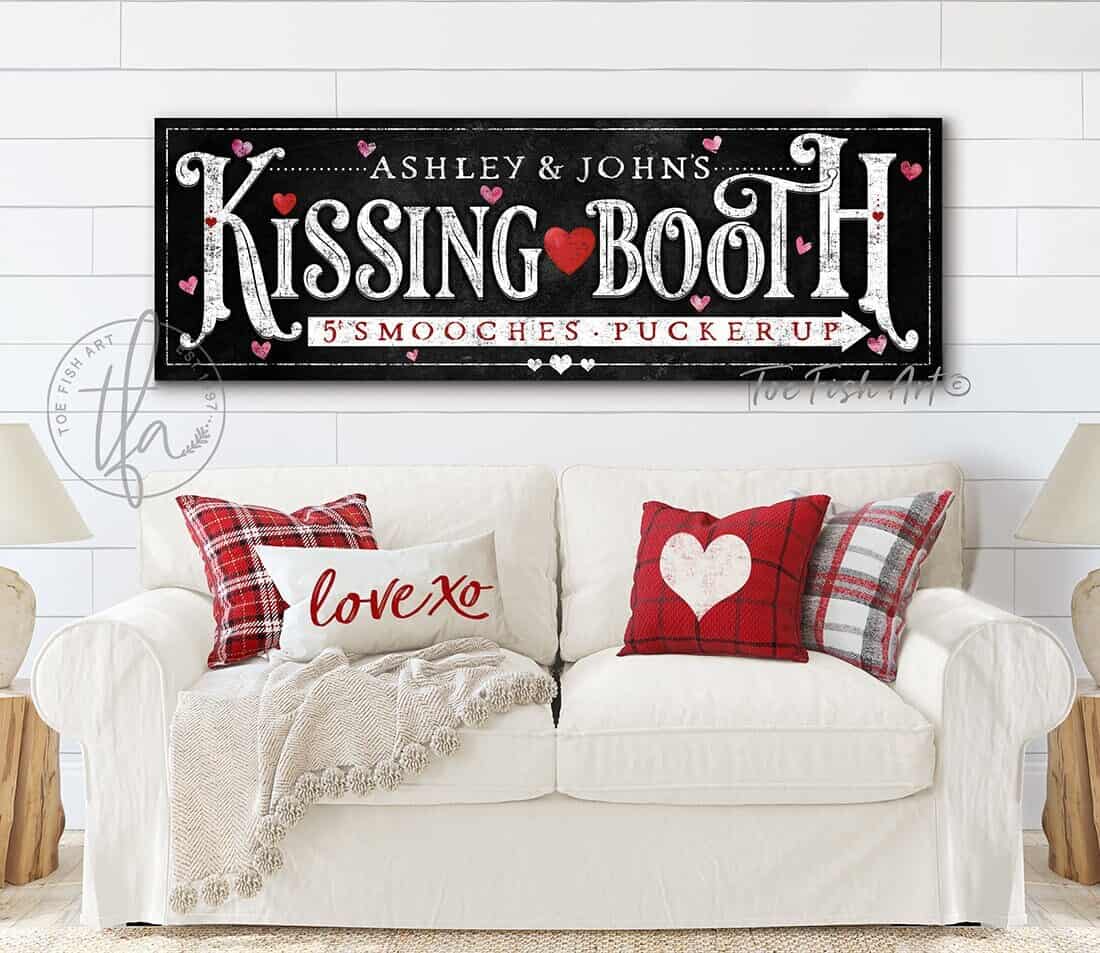 Valentine's Day Decoration Personalized Name Kissing Booth Sign Wall Art, Black & White Decor, Candy Hearts, Couples Be Mine Gift handmade by ToeFishArt. Original, custom, personalized wall decor signs. Canvas, Wood or Metal. Rustic modern farmhouse, cottagecore, vintage, retro, industrial, Americana, primitive, country, coastal, minimalist.