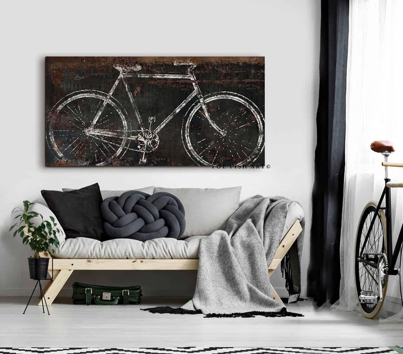 Vintage Bicycle Sign handmade by ToeFishArt. Original, custom, personalized wall decor signs. Canvas, Wood or Metal. Rustic modern farmhouse, cottagecore, vintage, retro, industrial, Americana, primitive, country, coastal, minimalist.