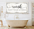 Wash Away Your Worries Sign handmade by ToeFishArt. Original, custom, personalized wall decor signs. Canvas, Wood or Metal. Rustic modern farmhouse, cottagecore, vintage, retro, industrial, Americana, primitive, country, coastal, minimalist.