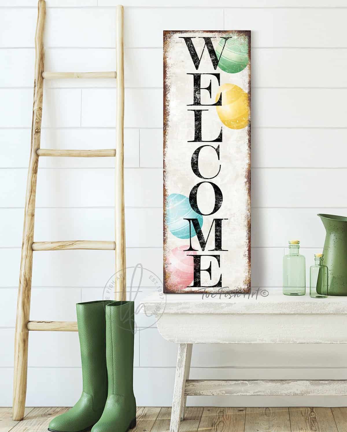 Welcome Sign, Easter Spring Decoration, "Porch Leaner" Canvas Sign for *Covered* Entryway, Foyer handmade by ToeFishArt. Original, custom, personalized wall decor signs. Canvas, Wood or Metal. Rustic modern farmhouse, cottagecore, vintage, retro, industrial, Americana, primitive, country, coastal, minimalist.