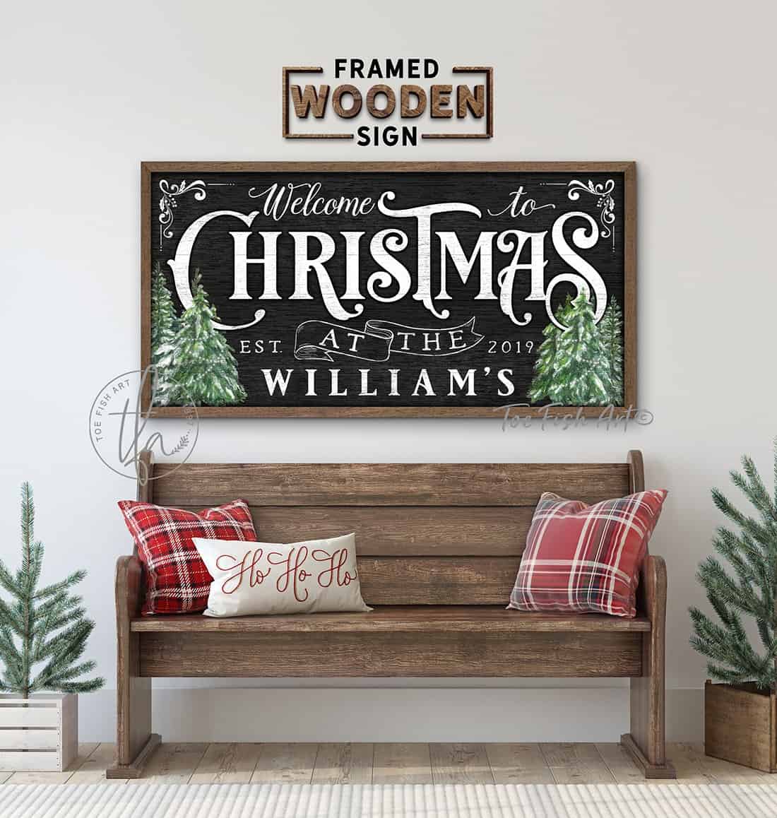 Welcome To Christmas Personalized Family Name Sign in Vintage Black & White Style, Framed Hardwood Shiplap Holiday Decoration handmade by ToeFishArt. Original, custom, personalized wall decor signs. Canvas, Wood or Metal. Rustic modern farmhouse, cottagecore, vintage, retro, industrial, Americana, primitive, country, coastal, minimalist.