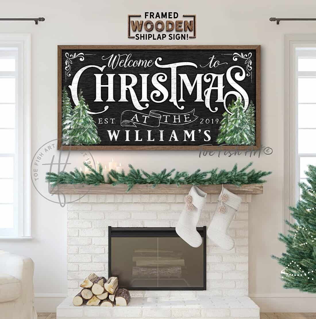 Welcome To Christmas Personalized Family Name Sign in Vintage Black & White Style, Framed Hardwood Shiplap Holiday Decoration handmade by ToeFishArt. Original, custom, personalized wall decor signs. Canvas, Wood or Metal. Rustic modern farmhouse, cottagecore, vintage, retro, industrial, Americana, primitive, country, coastal, minimalist.