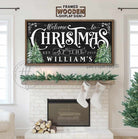 Welcome To Christmas Personalized Family Name Sign in Vintage Black & White Style, Framed Hardwood Shiplap Holiday Decoration handmade by ToeFishArt. Original, custom, personalized wall decor signs. Canvas, Wood or Metal. Rustic modern farmhouse, cottagecore, vintage, retro, industrial, Americana, primitive, country, coastal, minimalist.