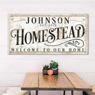 Welcome To Our Home Homestead Sign handmade by ToeFishArt. Original, custom, personalized wall decor signs. Canvas, Wood or Metal. Rustic modern farmhouse, cottagecore, vintage, retro, industrial, Americana, primitive, country, coastal, minimalist.