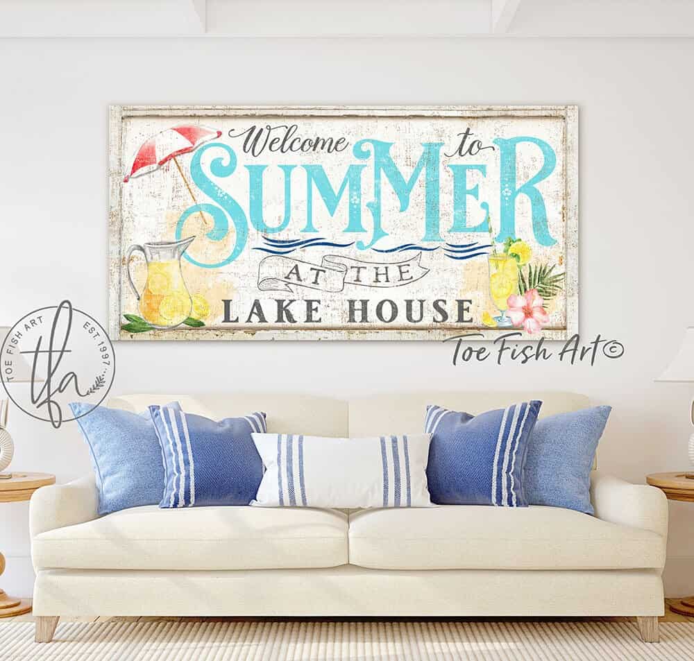Welcome To Summer Sign handmade by ToeFishArt. Original, custom, personalized wall decor signs. Canvas, Wood or Metal. Rustic modern farmhouse, cottagecore, vintage, retro, industrial, Americana, primitive, country, coastal, minimalist.