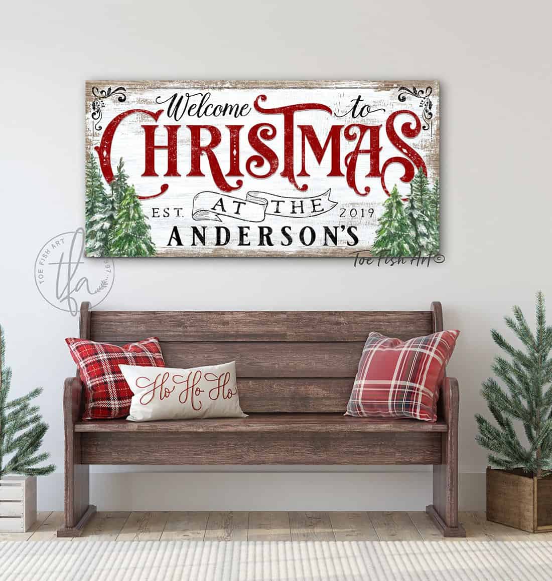 Welcome to Christmas at the Family Name Sign Personalized Holiday Art Canvas handmade by ToeFishArt. Original, custom, personalized wall decor signs. Canvas, Wood or Metal. Rustic modern farmhouse, cottagecore, vintage, retro, industrial, Americana, primitive, country, coastal, minimalist.